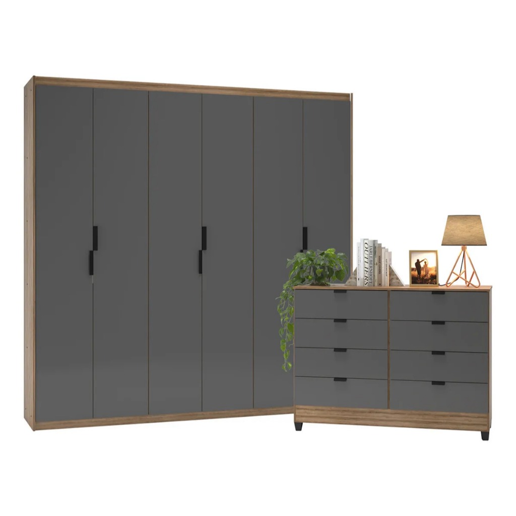Guarda-Roupa 6 Portas + Cômoda 8 Gavetas Puxador 