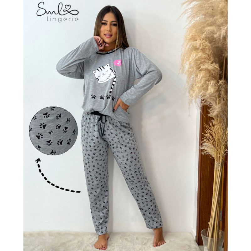 Pijama adulto malha com calça e manga comprida de