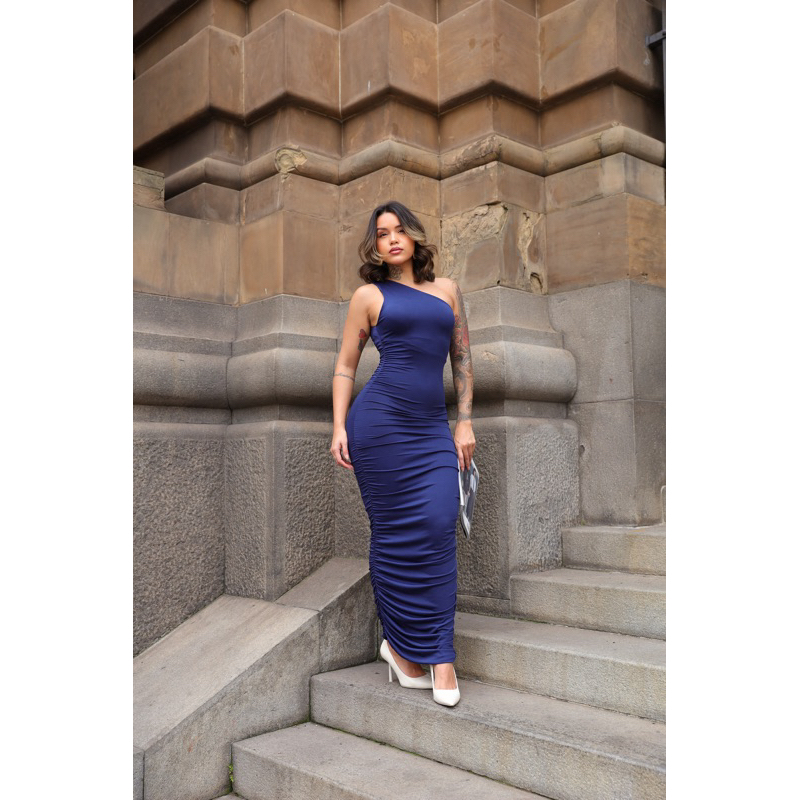 Vestido Longo Feminino Franzido Um ombro Só Regat