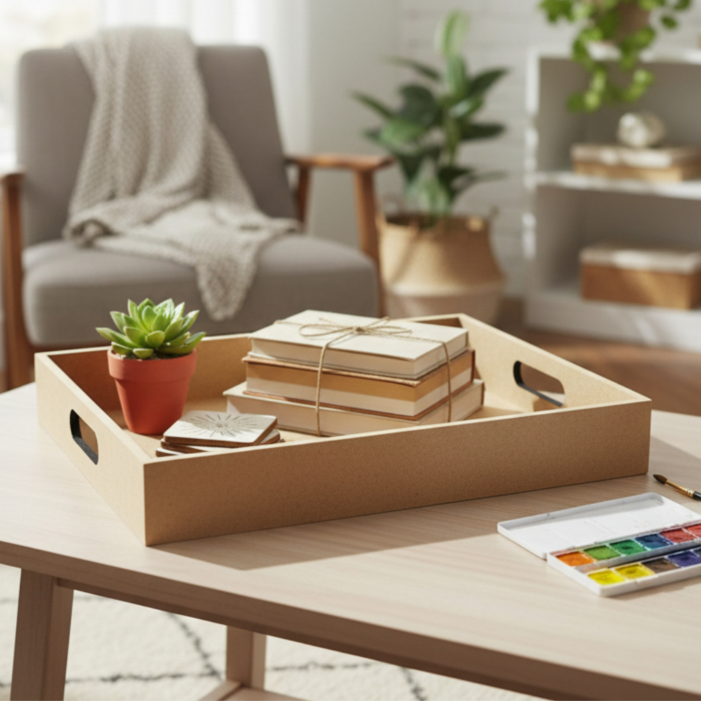 Bandeja Retangular MDF Cru Lisa com Alça para Art