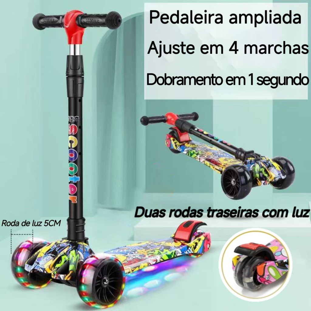 Patinete infantil 4 rodas com led ajustável scoot
