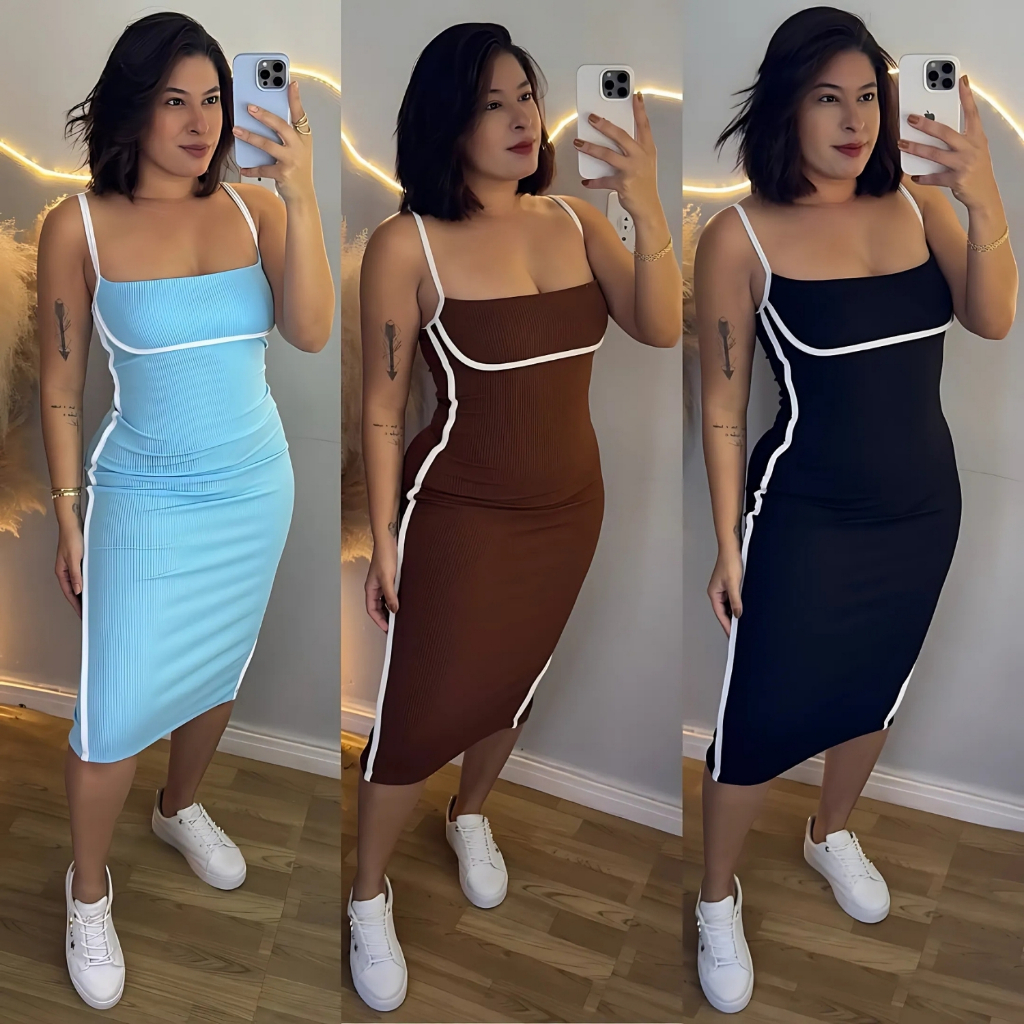 Vestido Midi Bicolor, Canelado Anna Ruga Alças Fi