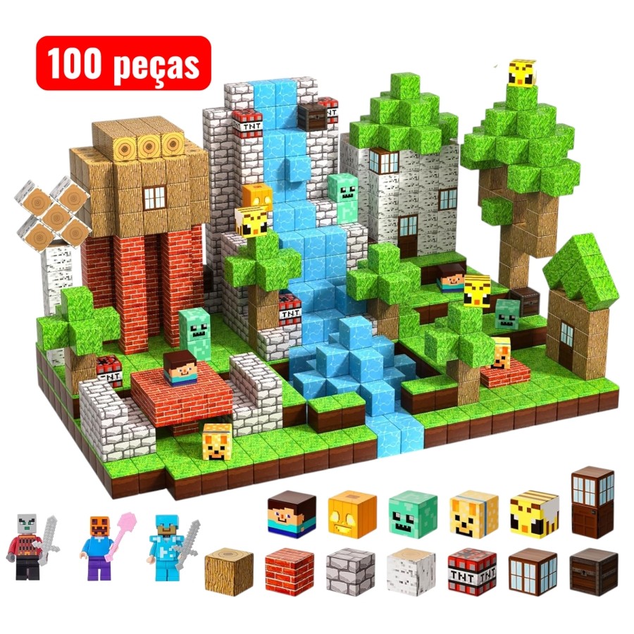 Kit 100 Cubos Magnéticos 2cm + 3 Bonecos Blocos d