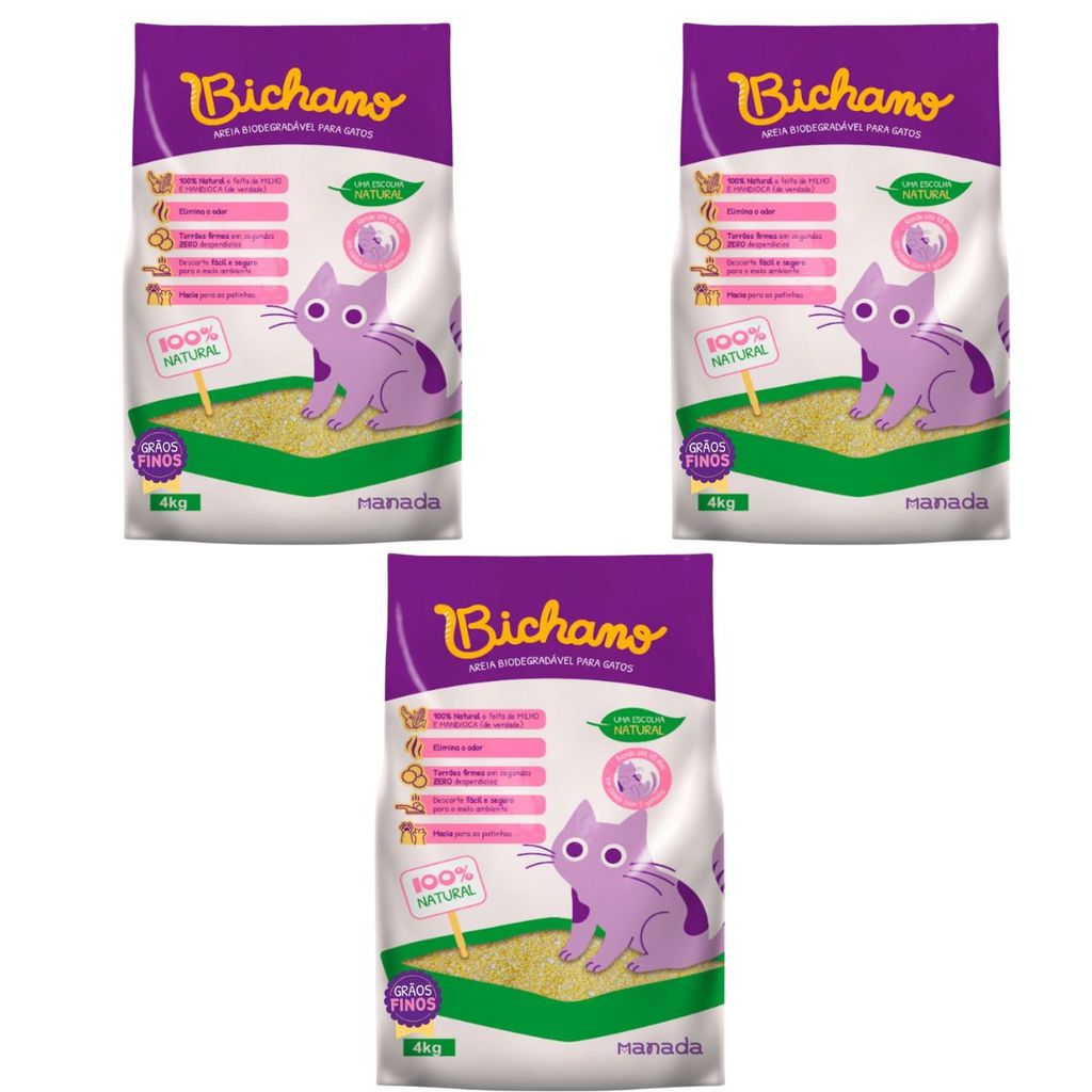 Kit 03 Unidades Areia Biodegradável Bichano Gatos