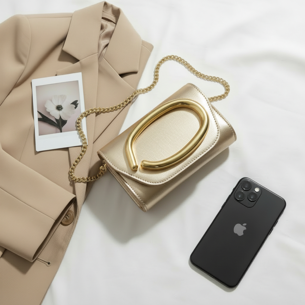 Bolsa Feminina Clutch Luxo Dourada com Alça Metal