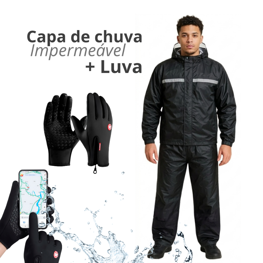 Kit Capa De Chuva Motoqueiro + Luva Touch Screen I