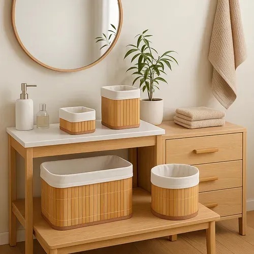 Kit  4 Cestos de Bambu Retangular Organizadores co
