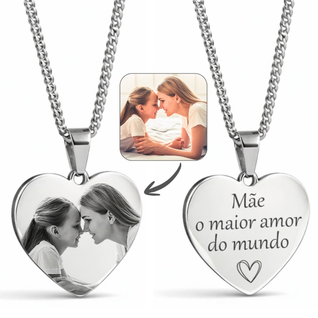 Colar Coração Personalizado com Foto Gravada a L