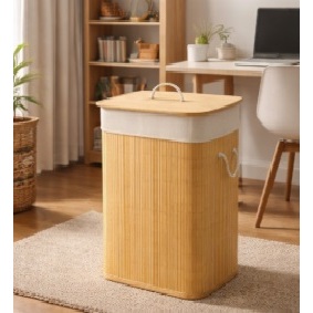 Cesto De Roupa Suja De Bambu Bege Dobrável Com Al