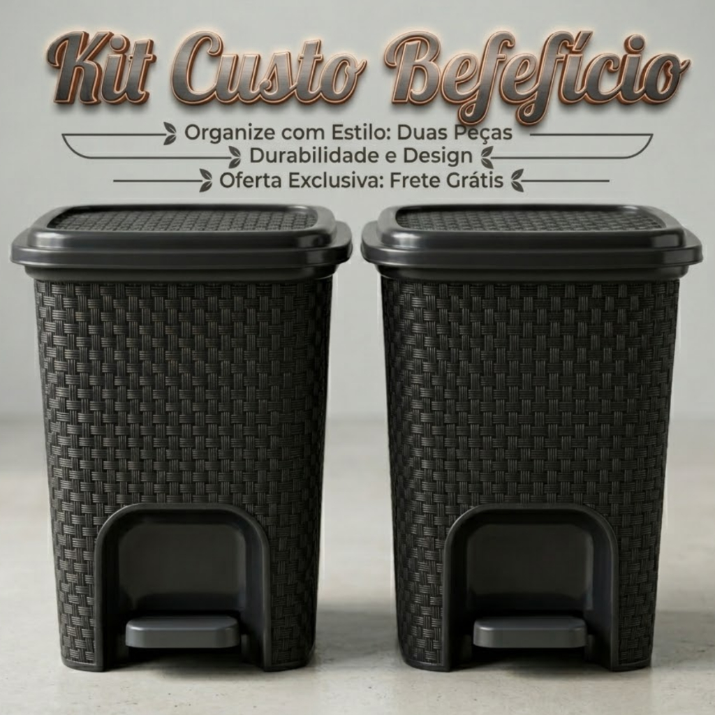 Kit 1 ou 2 Lixeiras Rattan 7L com Pedal Preta Banh