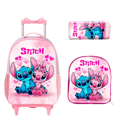 Kit Mochila Rodinhas Stitch e Angel Infantil com L