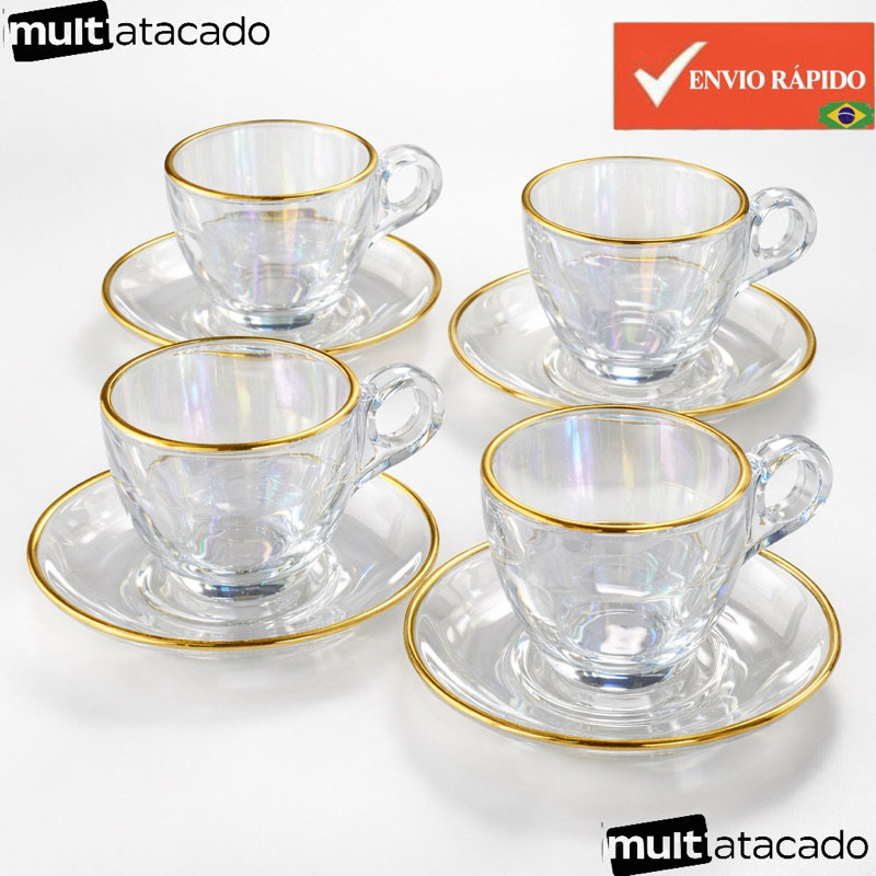 Conjunto 6 Xicaras Com Pires Vidro com Borda Doura