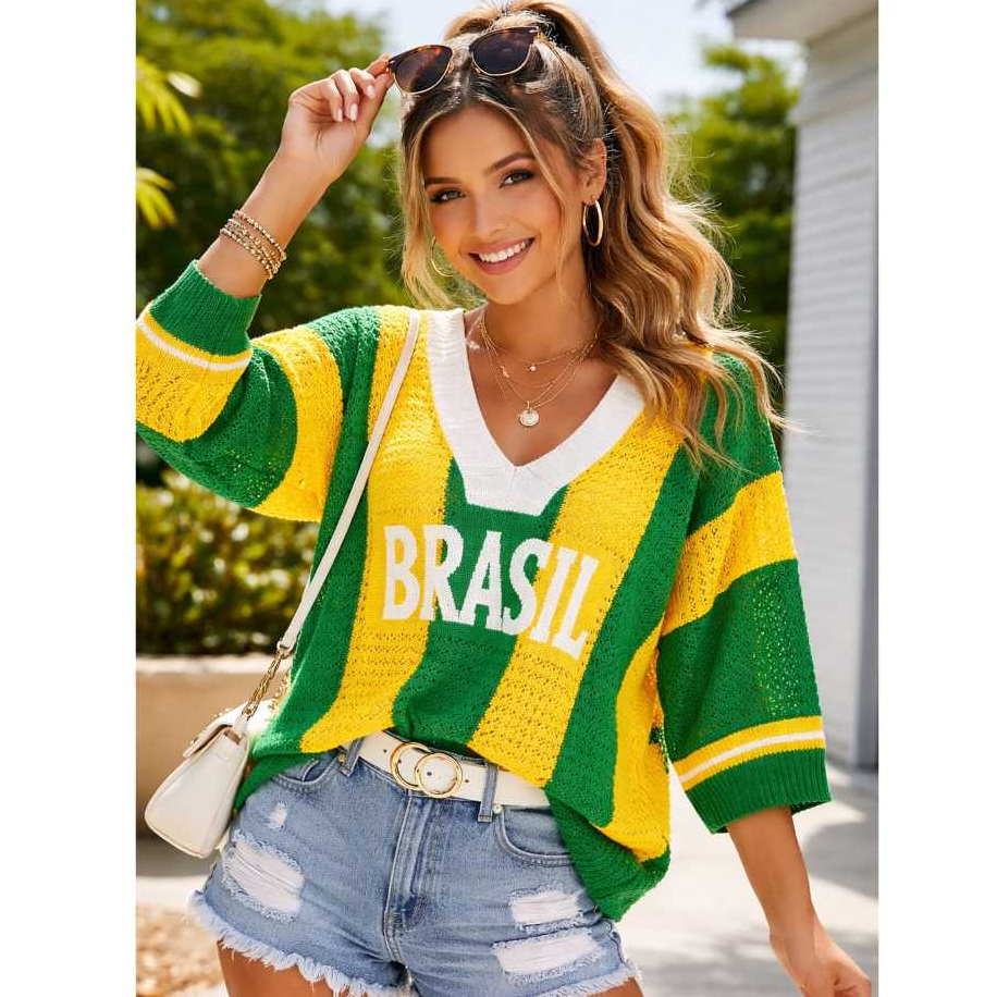 Blusa Tricot Brasil Feminina Decote V Premium Verd
