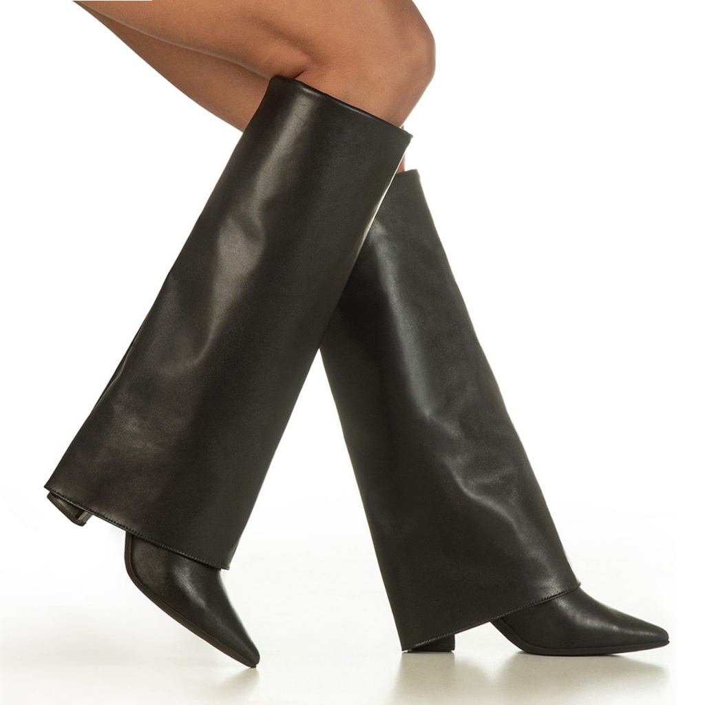 Bota Capa Feminina Cano Longo Salto Alto Bloco Bic