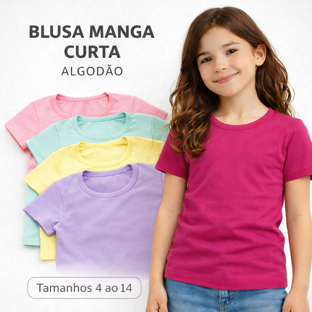Kit Blusa Manga Curta Infantil Menina, Baby Look D