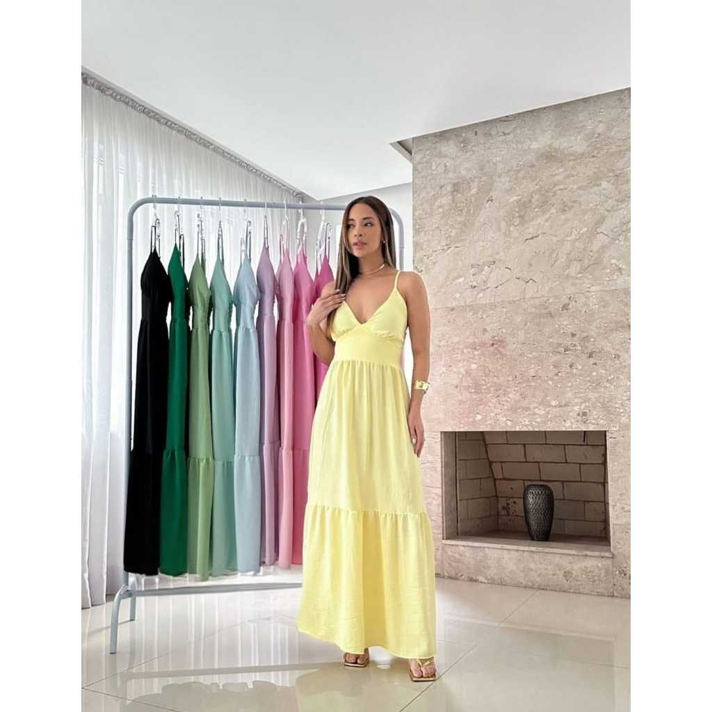 Vestido Longo Feminino Elegante Decote V e Lastex 