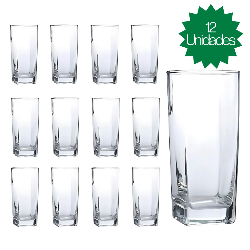 Jogo De 12 Copos 320ml Vidro Bali Quadrado Luxo Tr