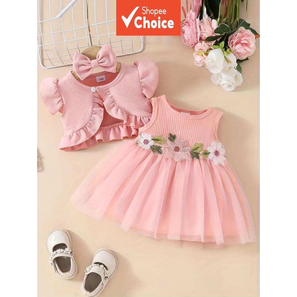 Bebê Menina Rosa Flor Bordado 3 Peças Vestido Co