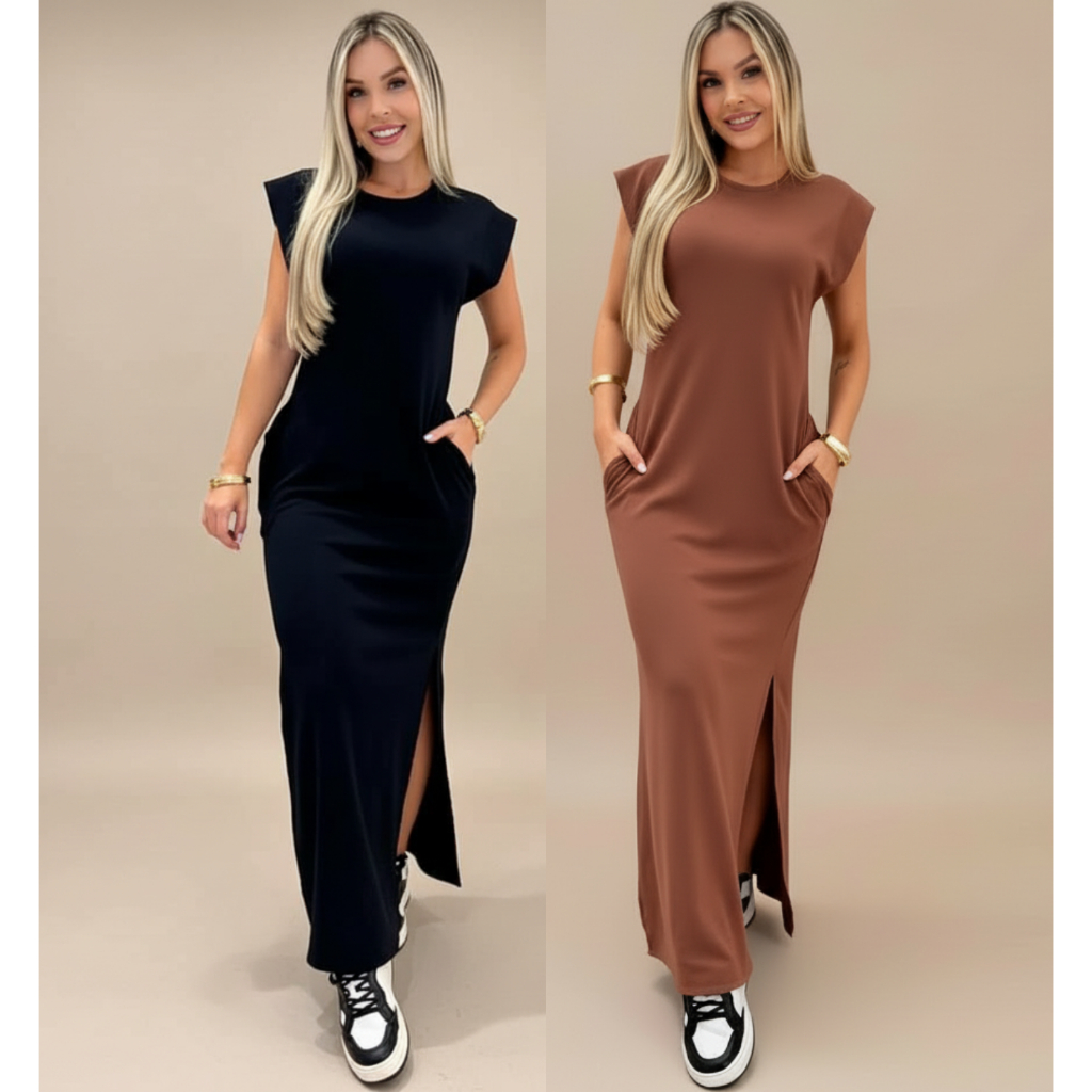 Vestido longo casual básico feminino ribana manga