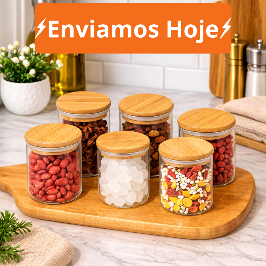 Kit Ate 12 Pote de Vidro com Tampa Bambu 200ML Pot