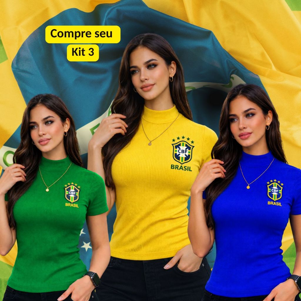 Kit 3 Blusas Feminina Cores Brasil Copa Gola Alta