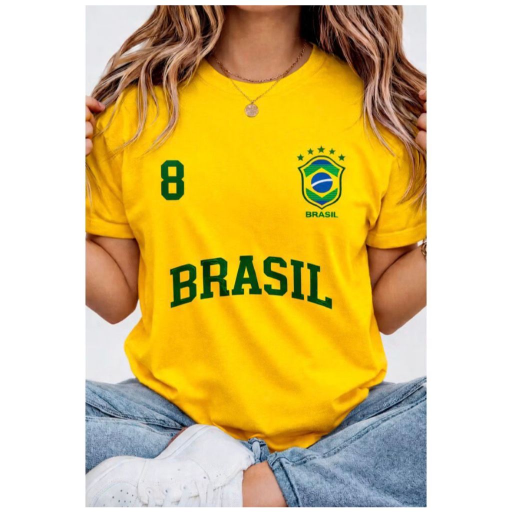 Blusa Feminina T-shirt Brasil com S 100% Algodão 