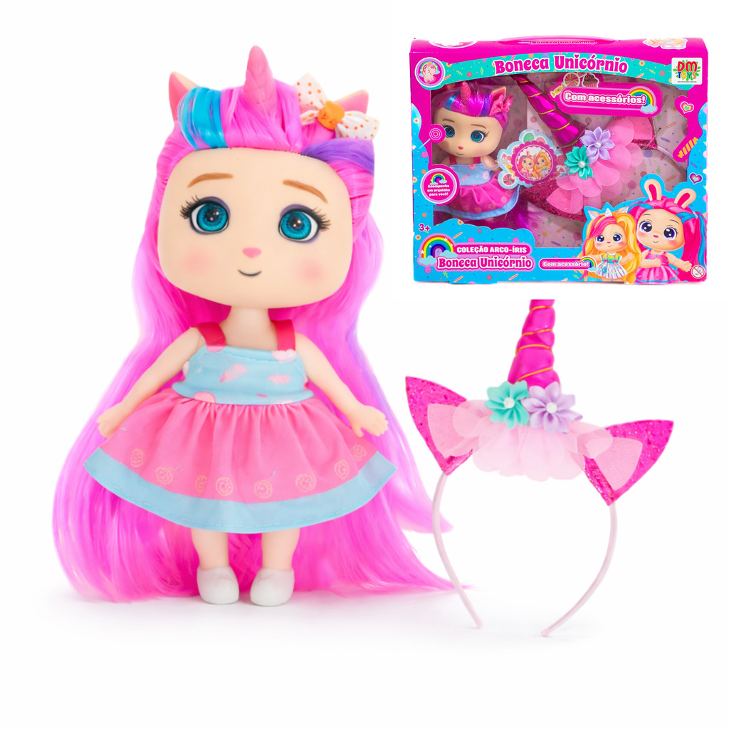 Boneca Unicórnio Arco-Íris DM Toys com Tiara Inf