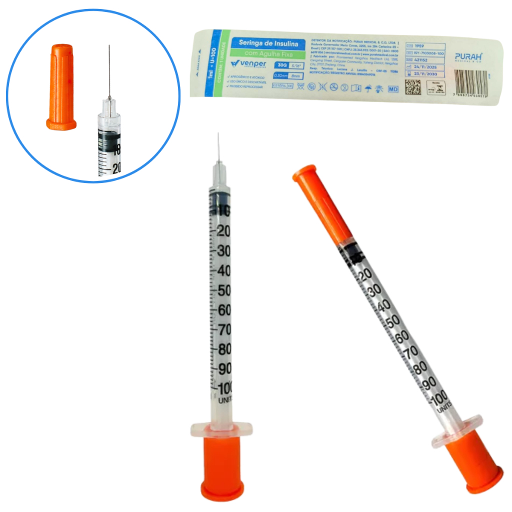 Kit 20 Seringas Insulina 1ml Agulha Fixa 8mm X 0,3
