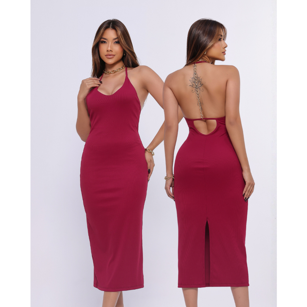 Vestido Midi Feminino Canelado Premium Decote V Al