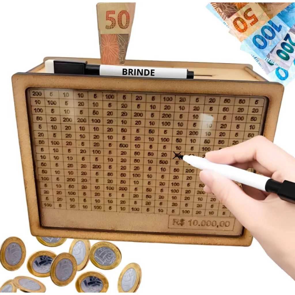 Cofre desafio woodbox em MDF 10 mil 5 mil 2 mil 1 