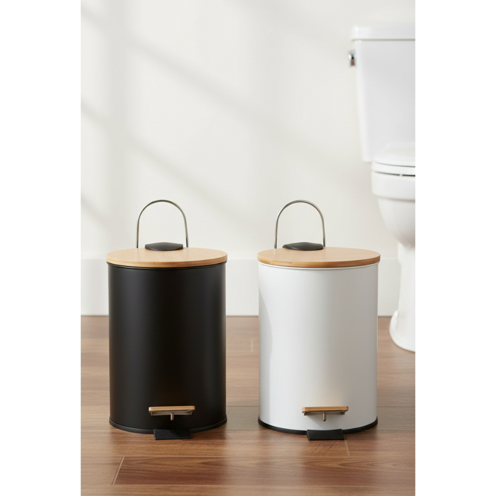 Lixeira Redonda Lisa Com Tampa de Bambu Luxo e Ped