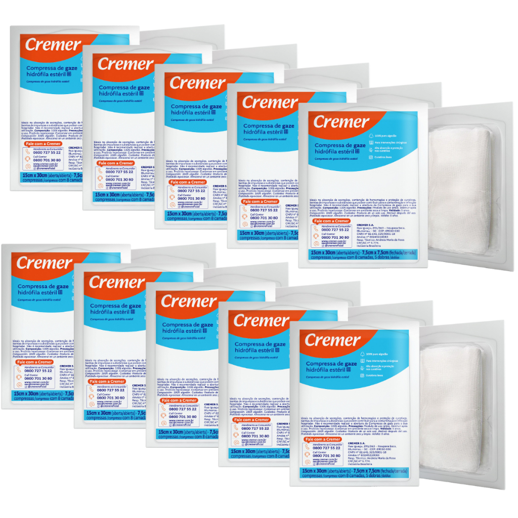 Kit 10 Compressas Gaze Estéril 13 Fios 7,5×7