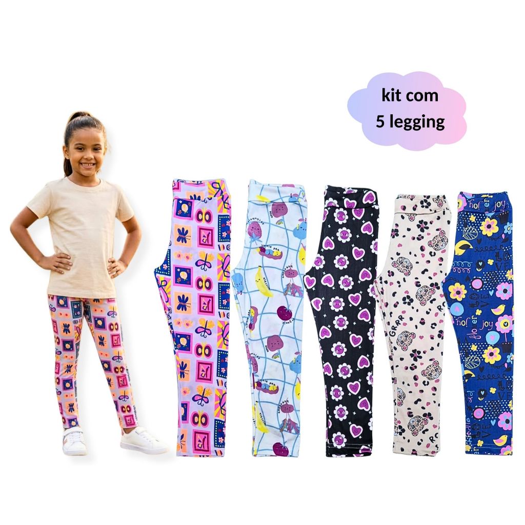 Kit com 5 Leggings suplex infantil e juvenil meia 
