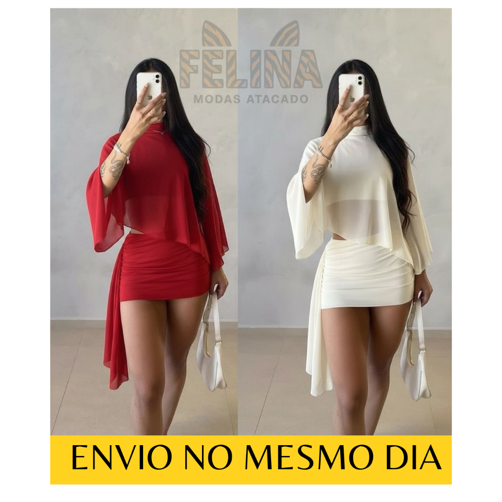 Conjunto Feminino Top e Saia com Tule Manga Longa 