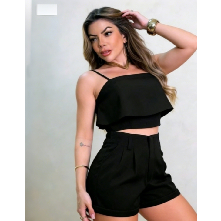 Conjunto Feminino Cropped Babado Alça Regulável 