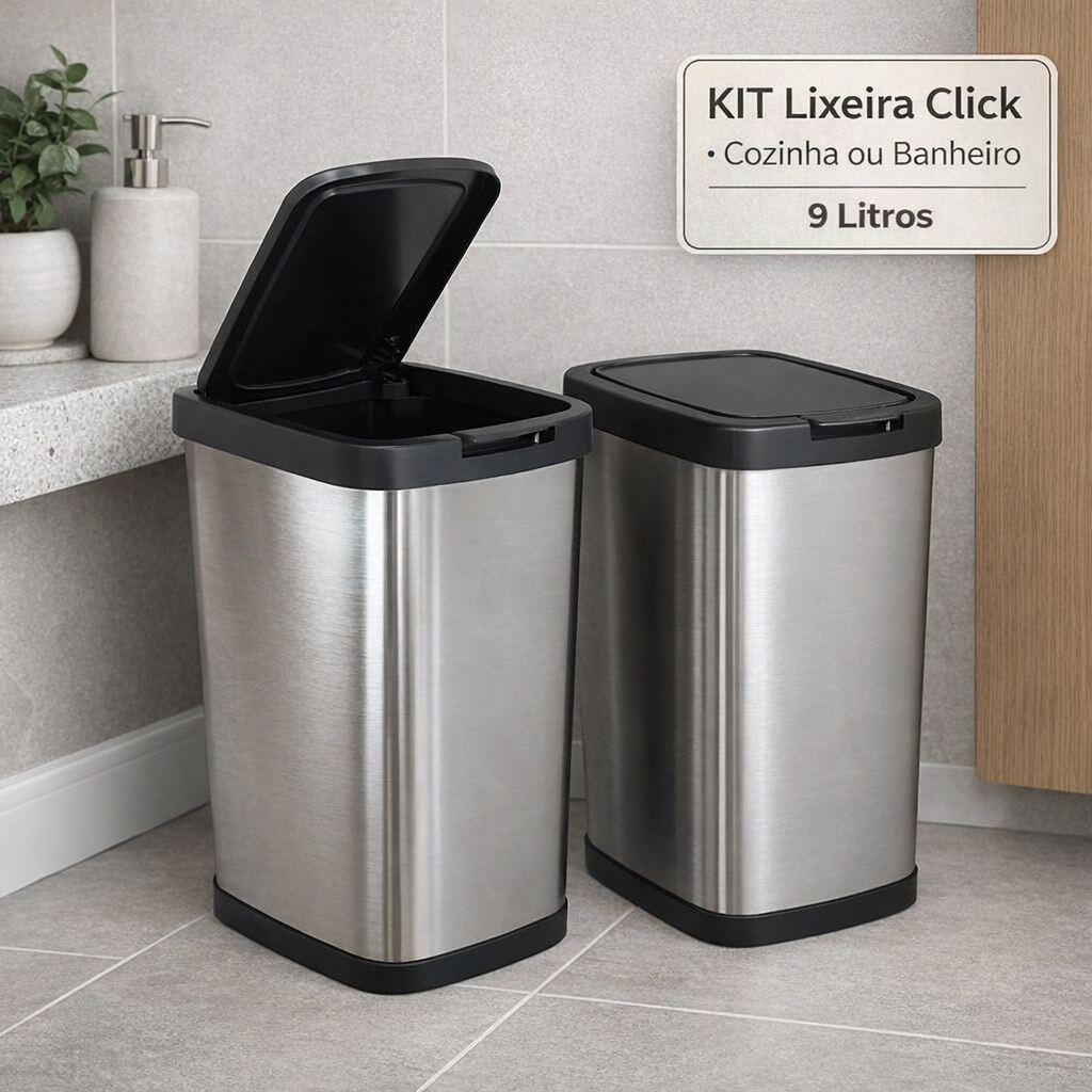 Kit Lixeiras 9 Litros Com  Tampa Click  Label Meta