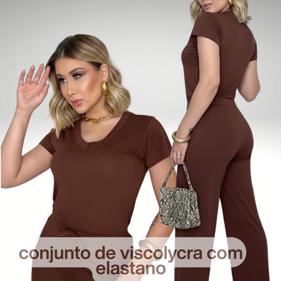 Conjunto Feminino com Elastano Blusa Gola V e Cal�