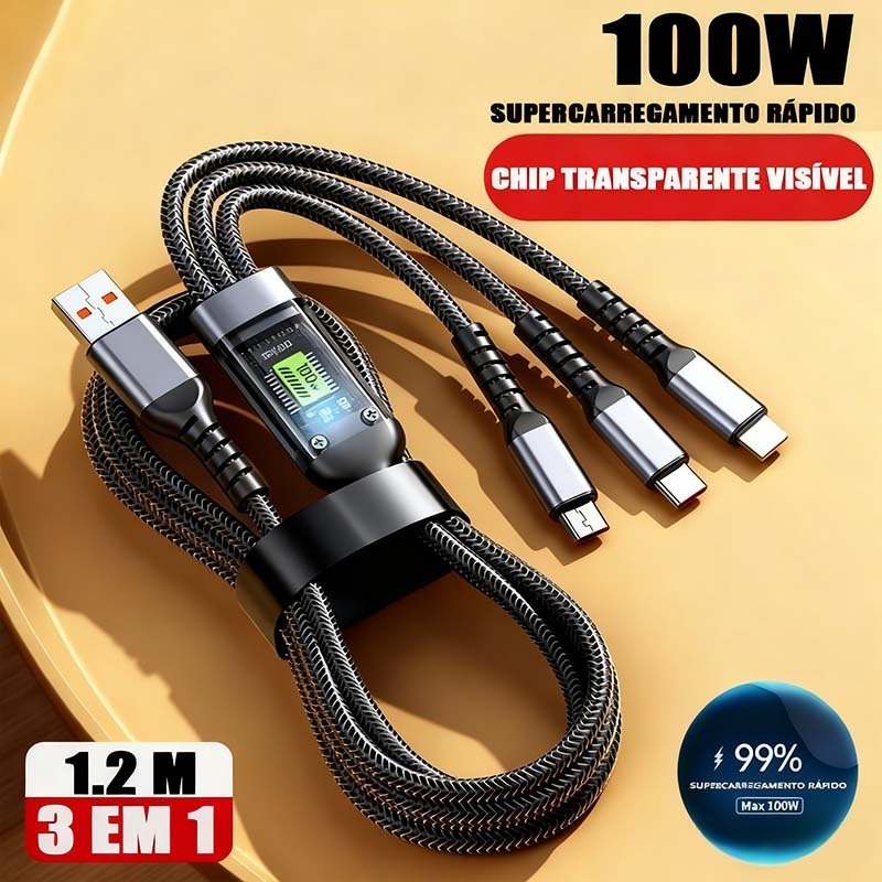 Cabo De Carregamento 3 Em 1 De Liga De Zinco 100W 