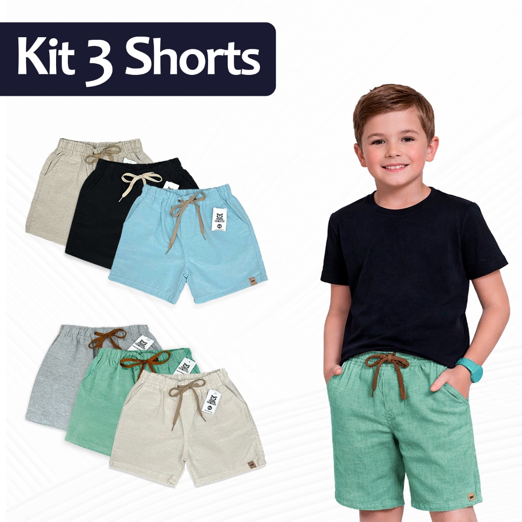 Kit 3 Bermuda Linho Infantil Juvenil Short Estilo 