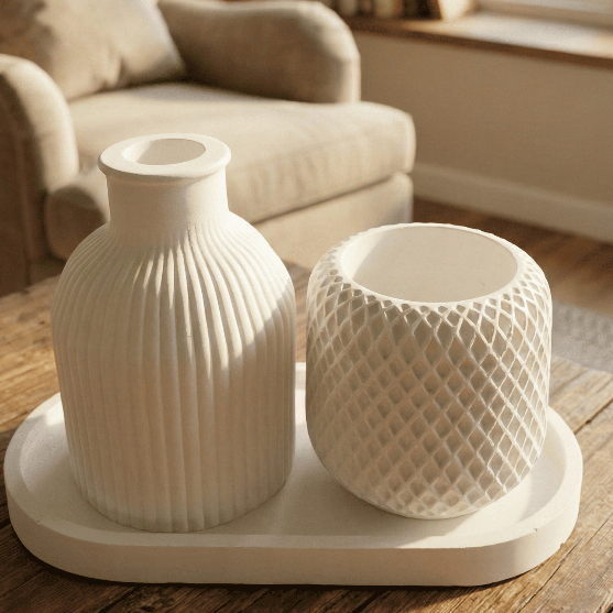 Kit 2 Vasos de Gesso Artesanal com Bandeja para Fl