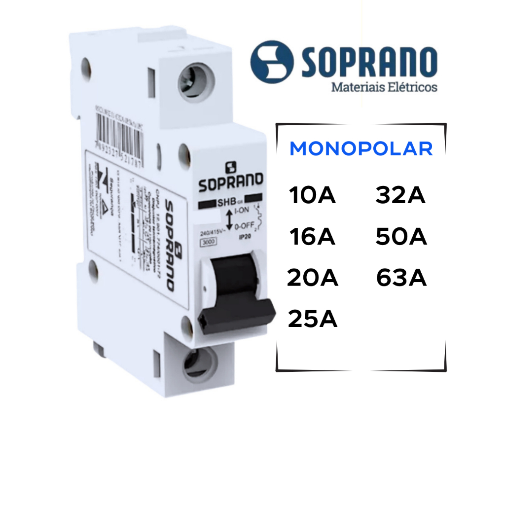 Disjuntor Monopolar 1 Polo 10A 16A 20A 25A 32A 40A