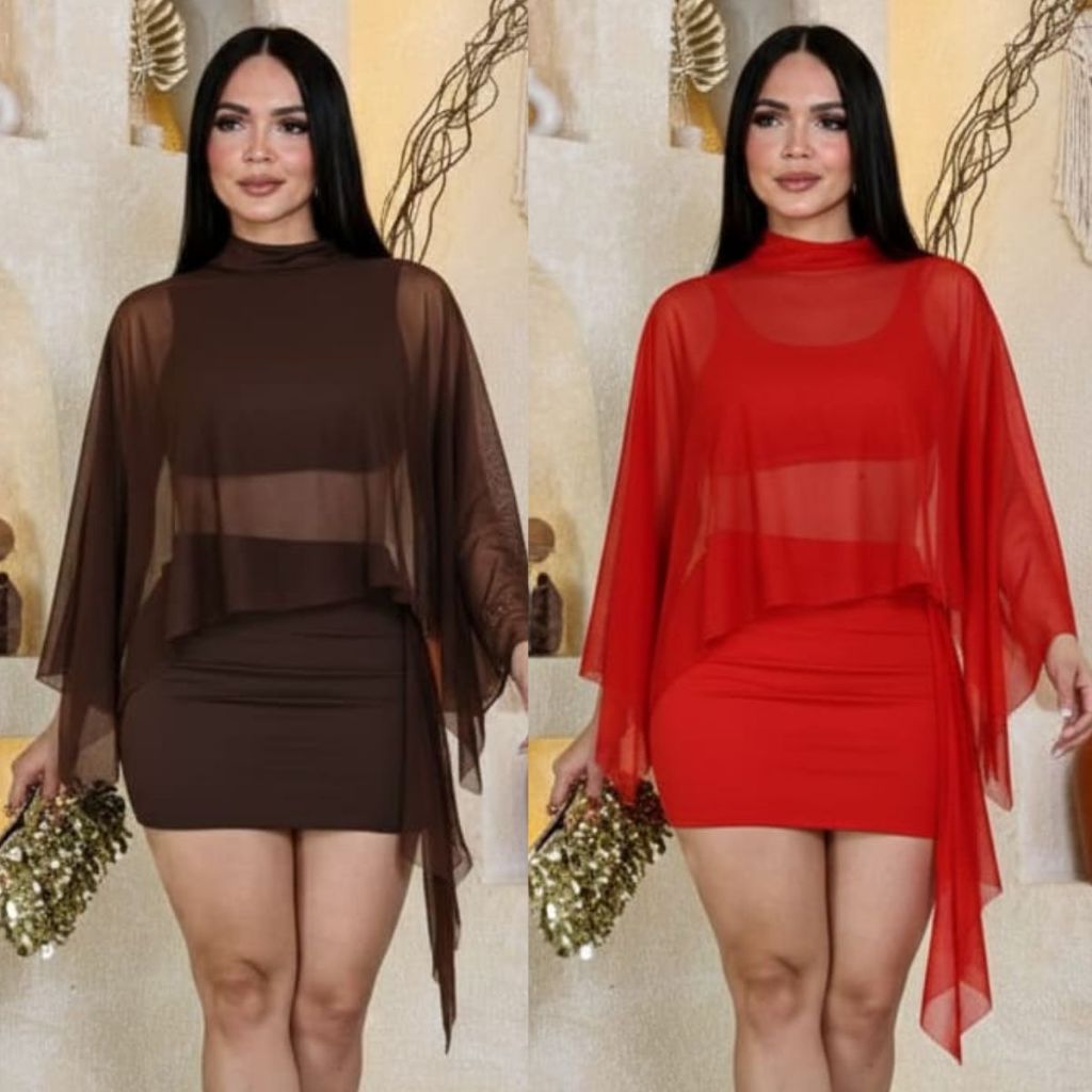 Conjunto Feminino Tule Manga Longa Top e Saia Mode