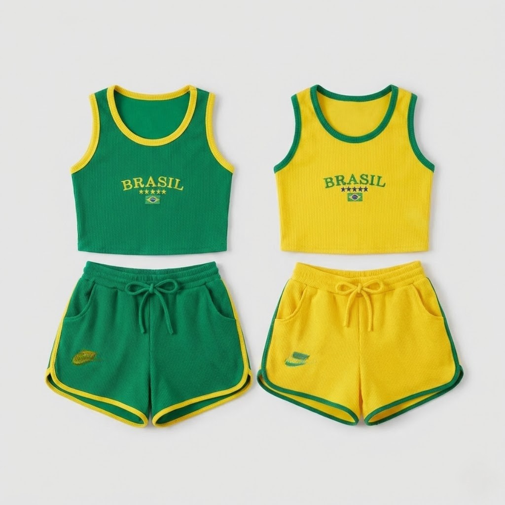 Conjunto Brasil Short e Cropped Regata Canelado Fe