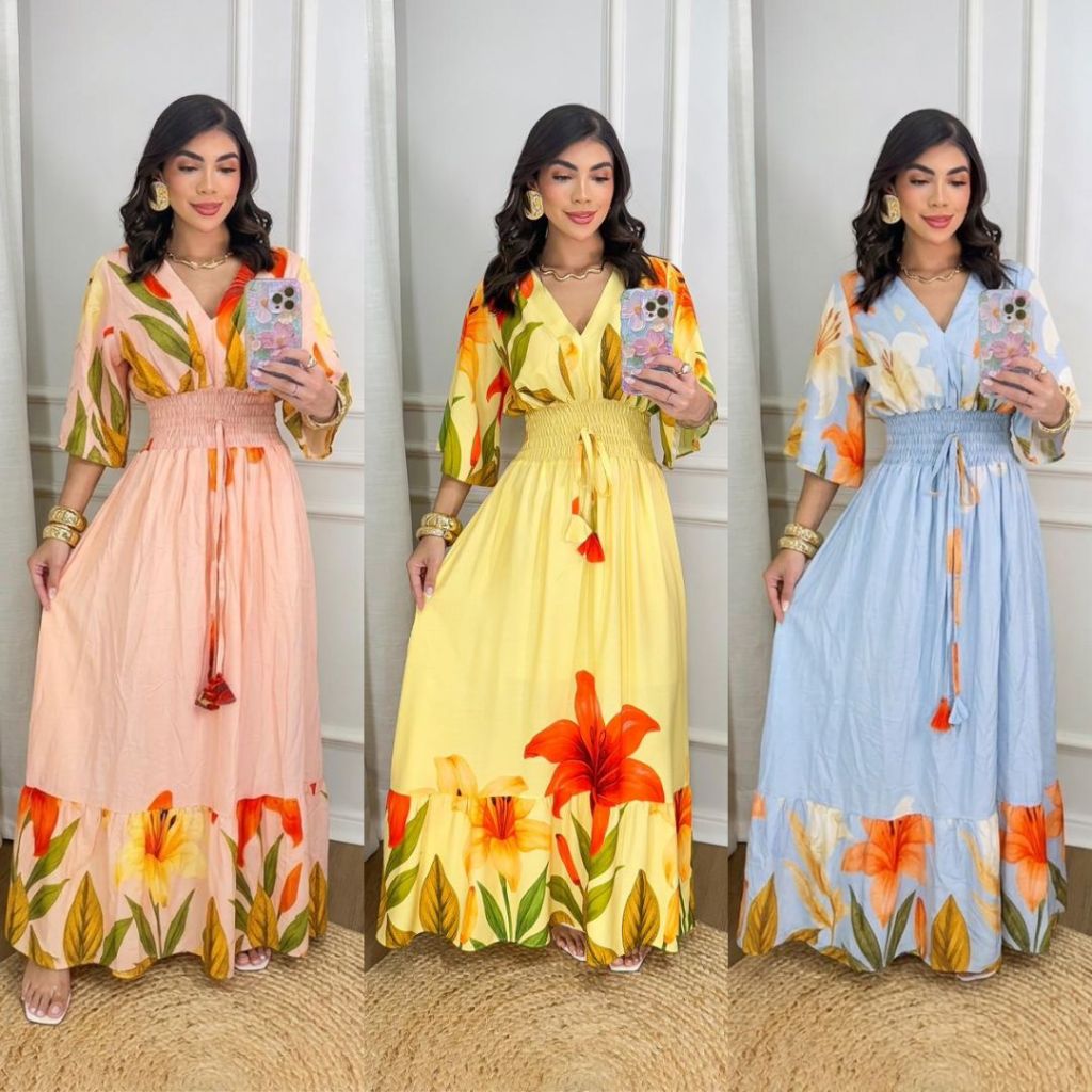 Vestido Longo Feminino Estampado Barrado Floral Ma