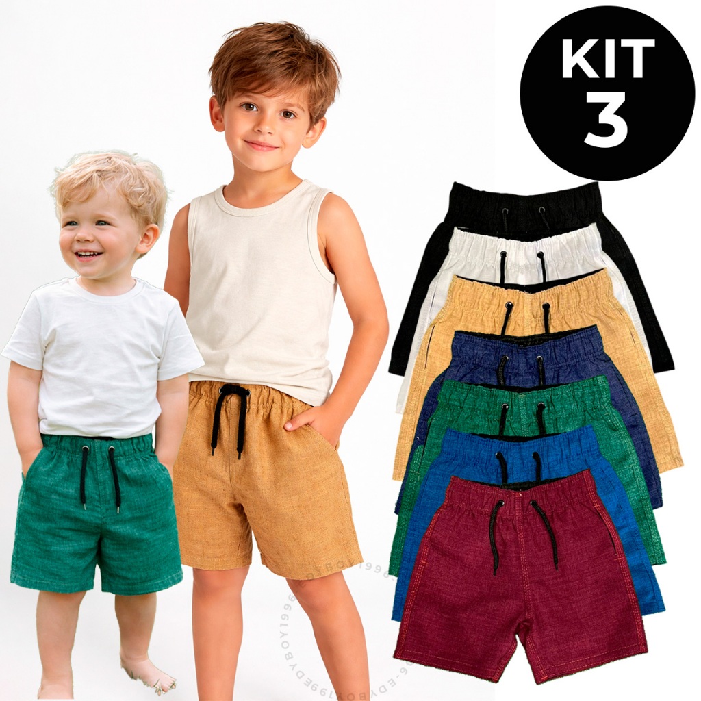 Kit 3 2 Bermudas Infantil Linho Menino Short Premi