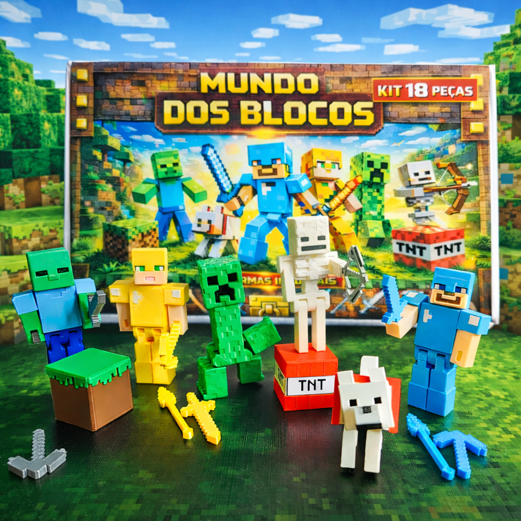 Kit Cartela 18 Peças Mine craft Articulados com A
