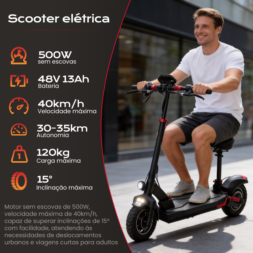 Scooter Elétrica 500W 48V 13Ah com Assento –