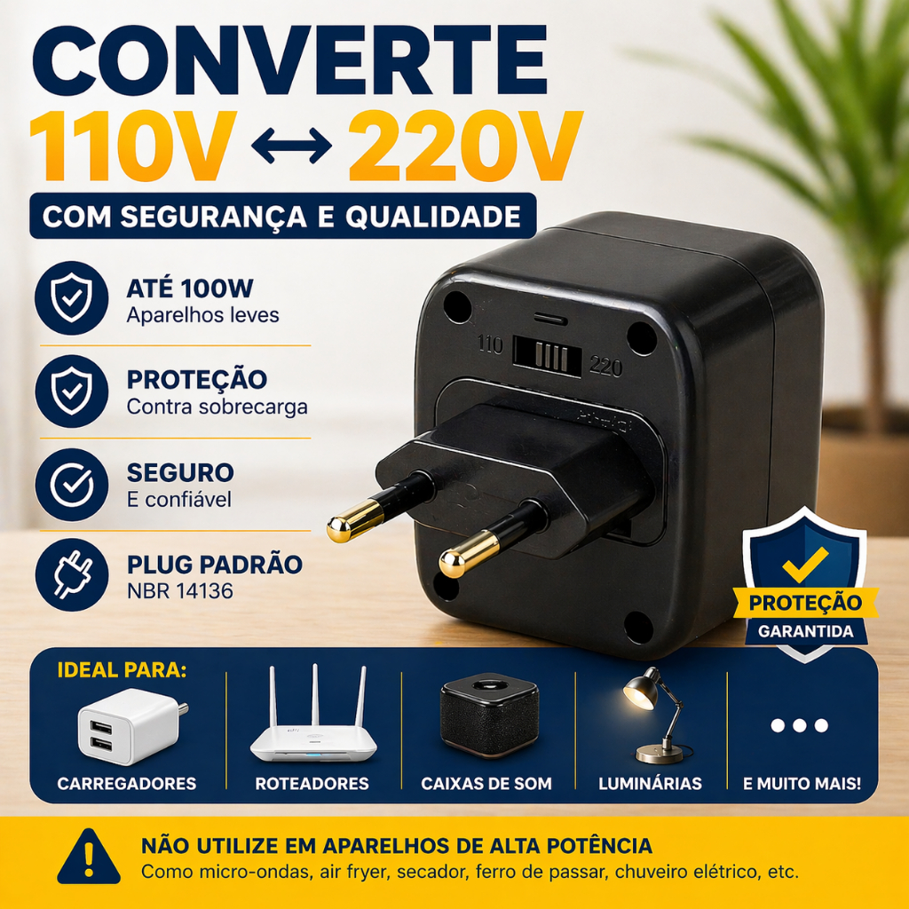 Conversor de Voltagem Bivolt 110V para 220V e 220V