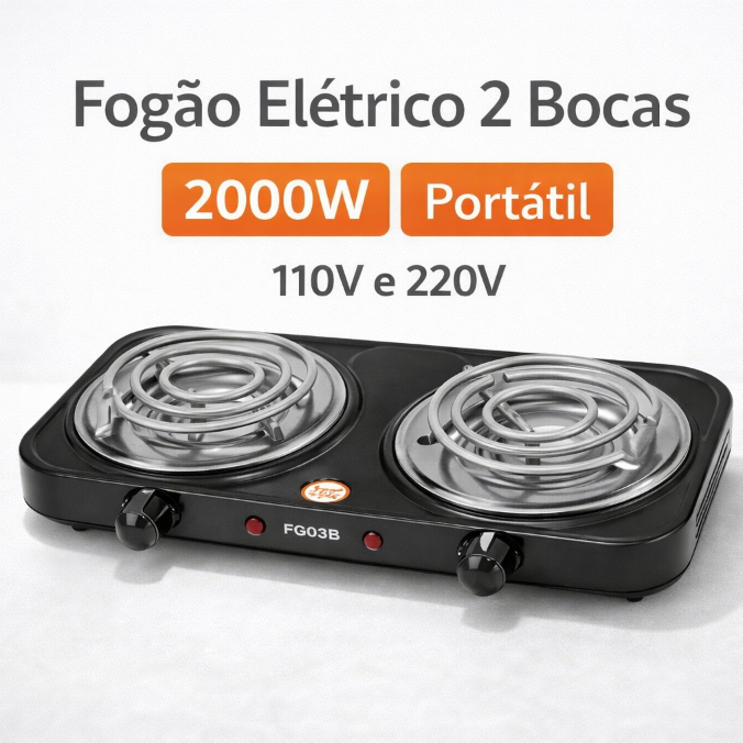 Fogão Elétrico 2 Bocas 2000W Portátil 110V/220V