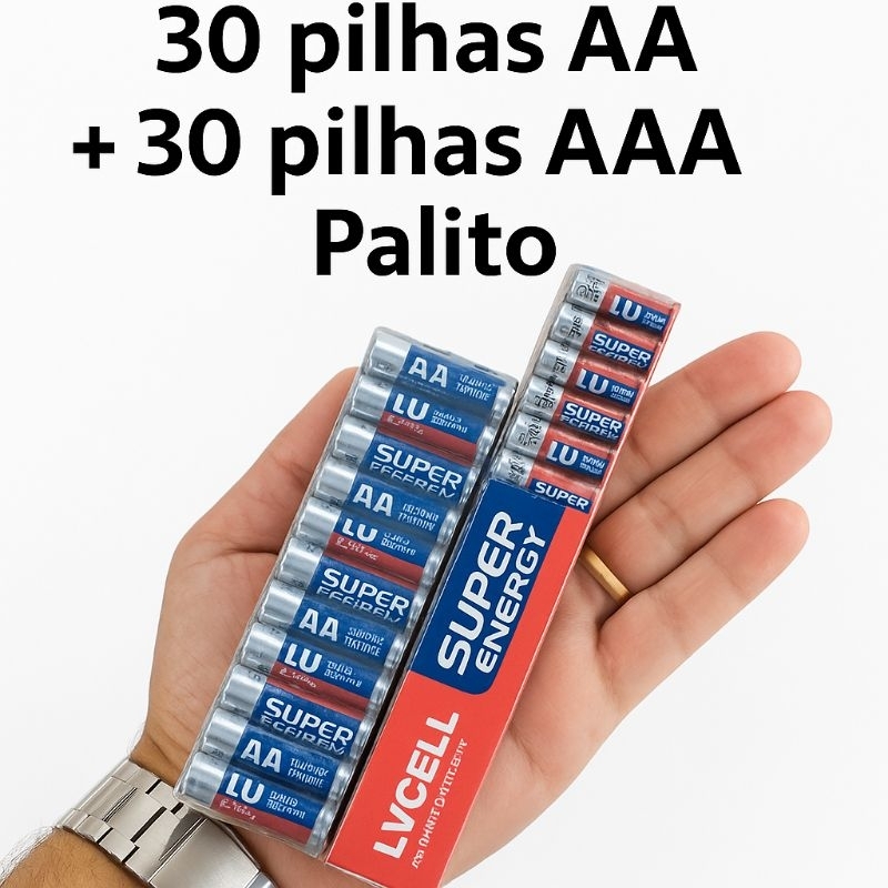 kit 30 pilhas AA Comum + 30 pilhas AAA Palito